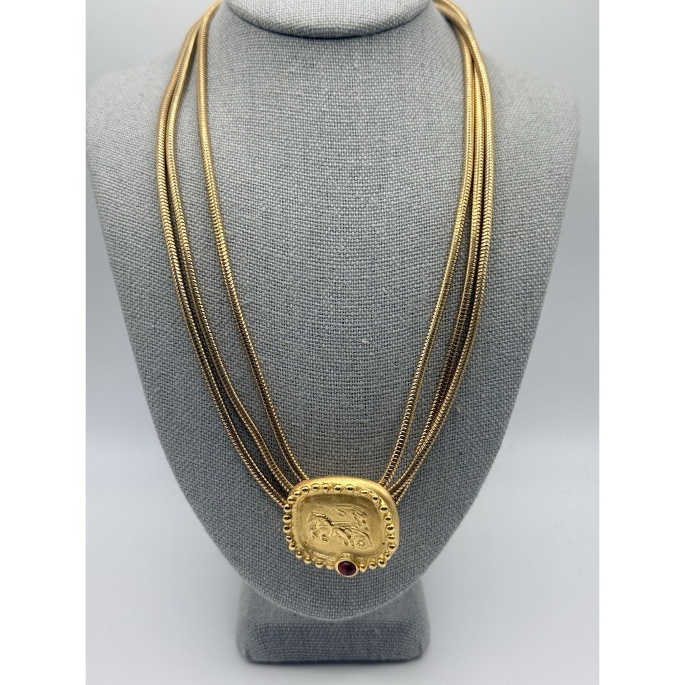 Vintage Egyptian Revival Pendant Necklace Gold Tone Snake Chain Choker 14"